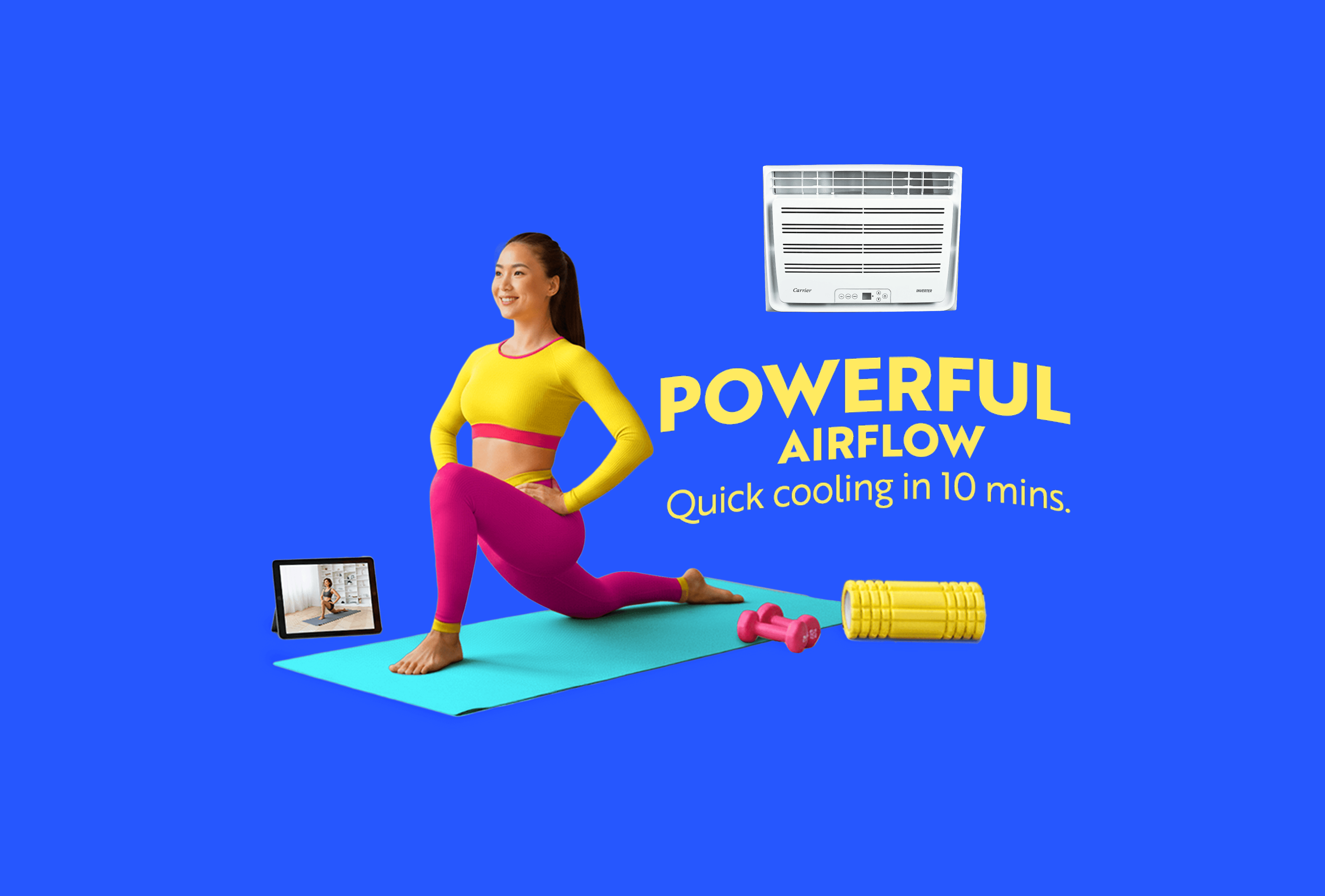 woman exercising indoors with Carrier Optima inverter window type highlighting powerful airflow and quick room cooling