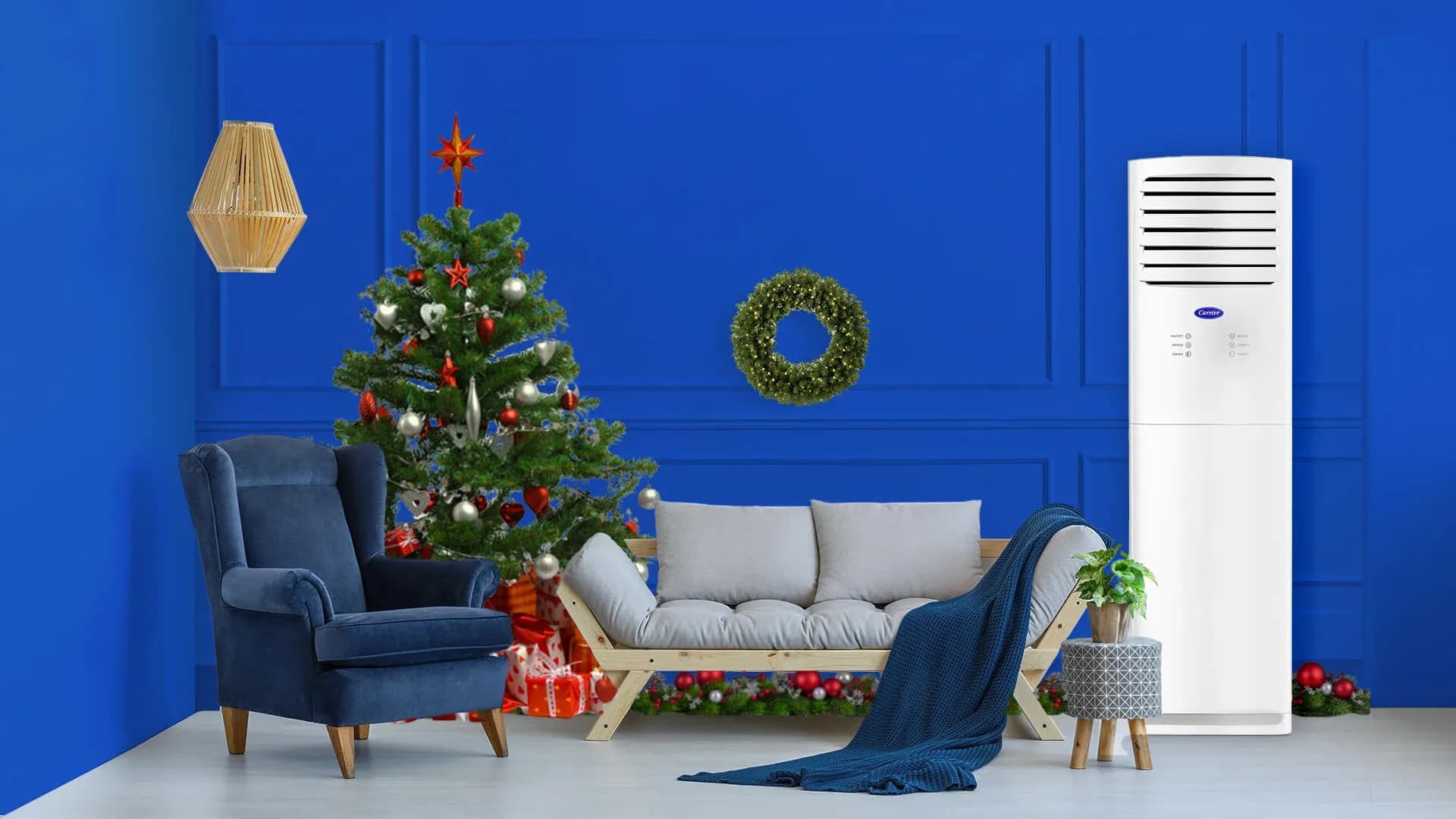 A Carrier Aura floor standing aircon in a living room providing quiet and efficient cooling with available Eco Mode function