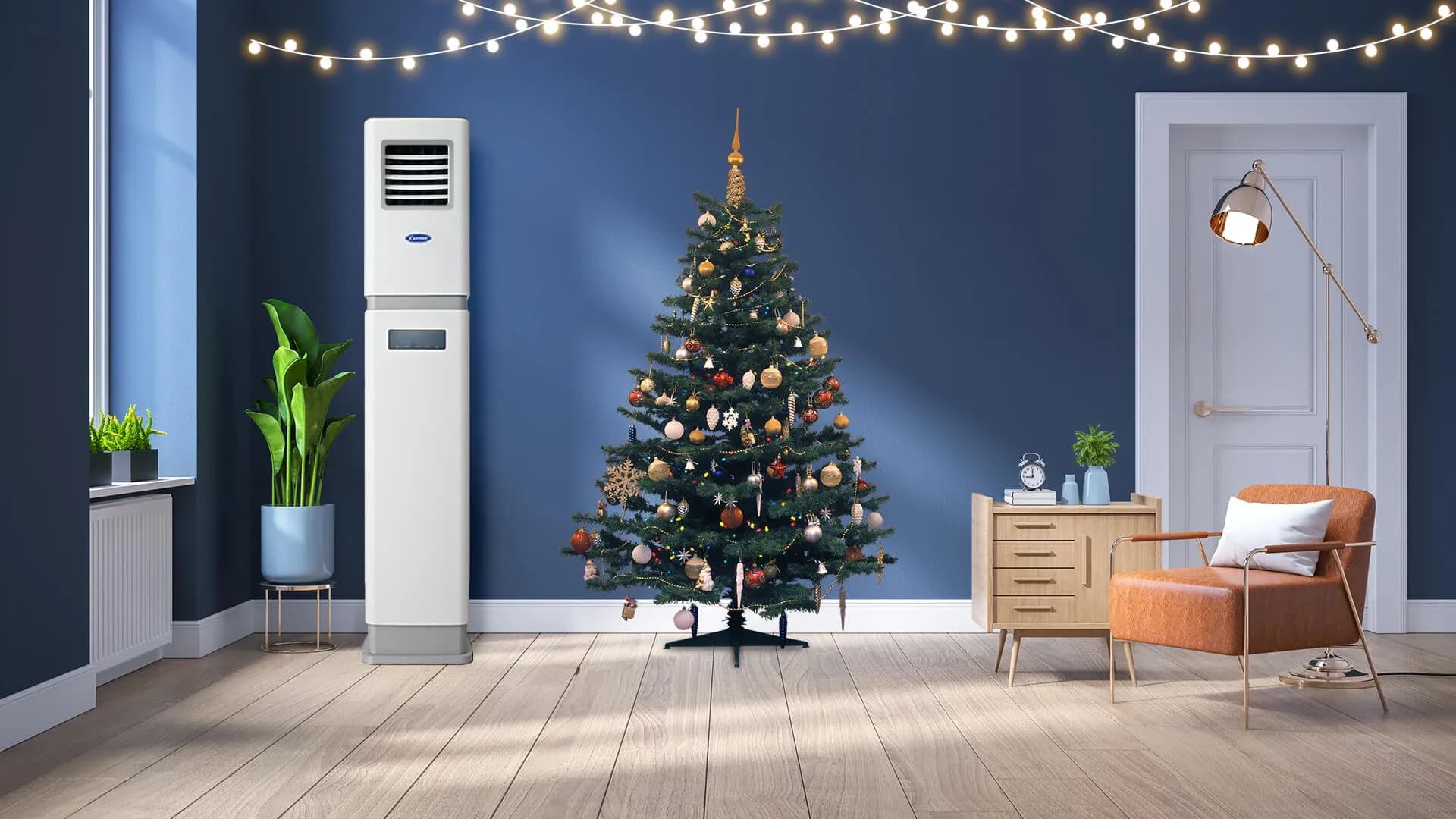 The sleek Carrier Neo vertical air conditioner which offers features like inverter technology and 4 way airflow