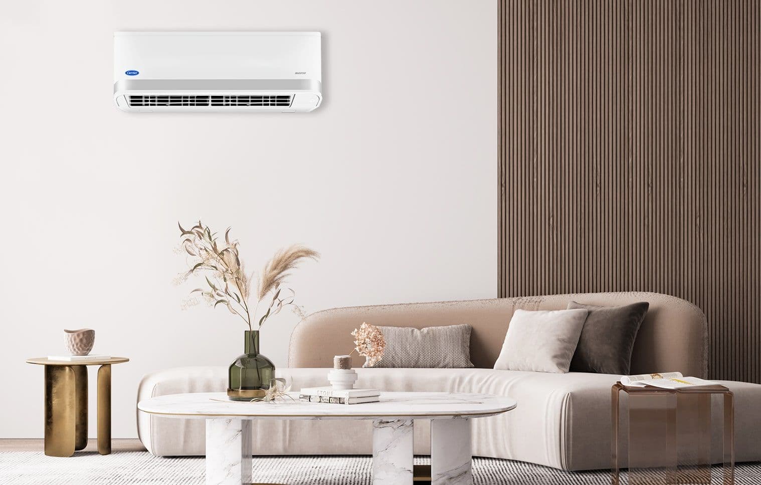 A Carrier high wall split type aircon installed on a wall above head level for perfect optimized room cooling