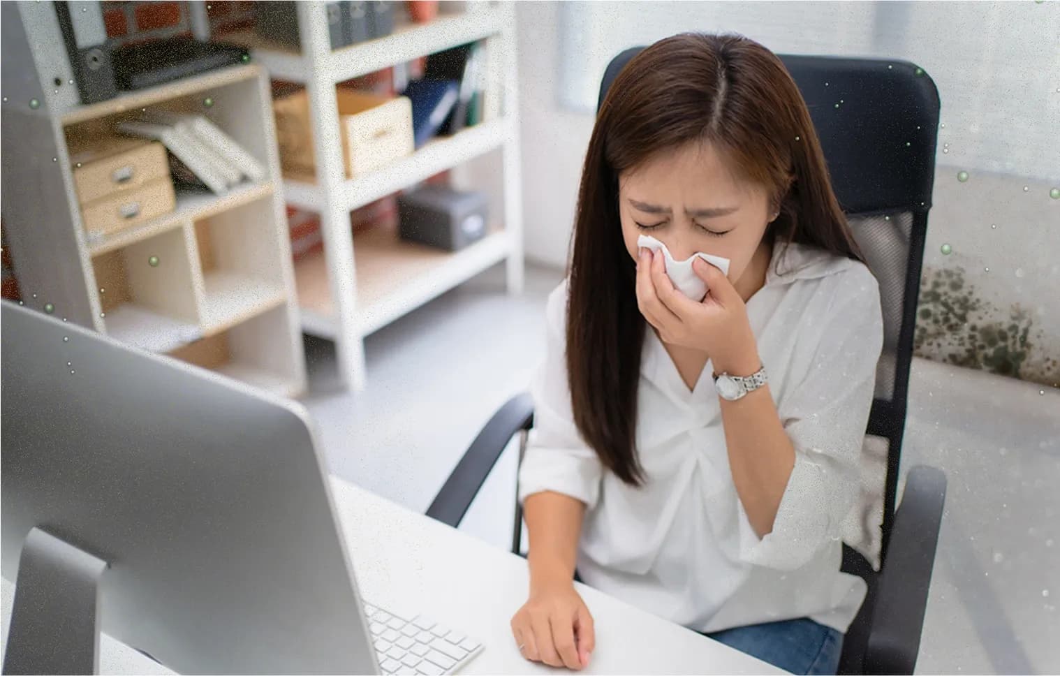 A woman having difficulty working indoors due to a runny nose caused by dust mites and mold spores in the air