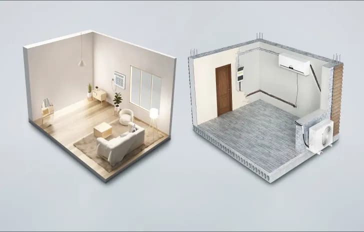 Two full view room mock ups where one has a window type aircon installed while the other has a split type aircon