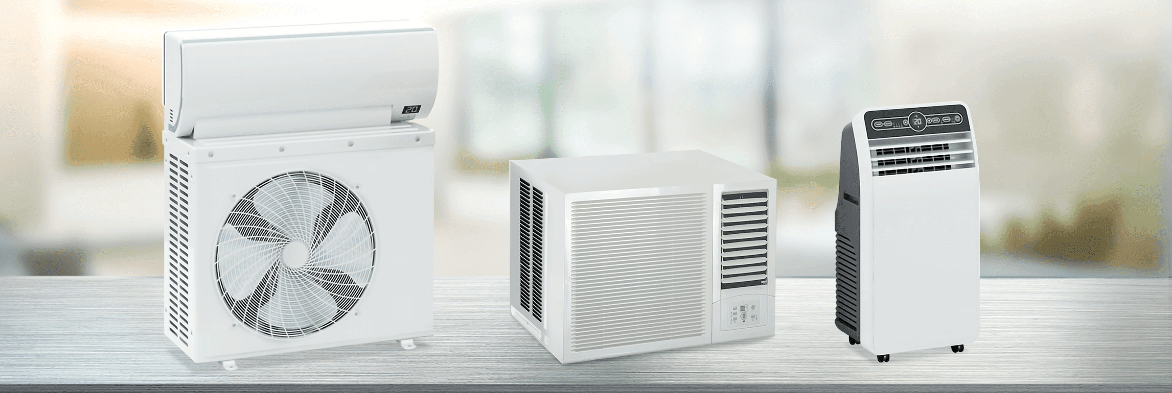 Types of aircon in one row with portable aircon and window type aircon